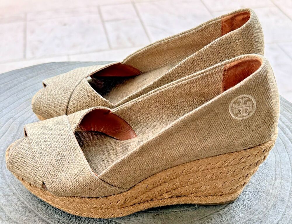 Tory Burch Filipa Espadrille Wedge Heels 6.5B Tan Canvas Peep Toe Platform